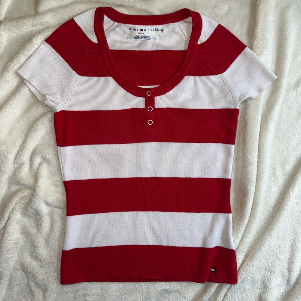 Vintage Tommy Hilfiger Red and White Striped knitted Short Sleeve Top